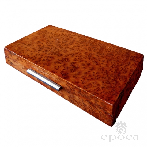 a warmly-patinated english art deco burl elmwood box with nickel plated handle