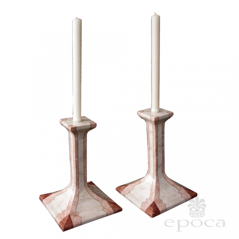 a striking and large-scaled pair of american 1980's stone and marble-veneered candlesticks with brass stringing by maitland smith