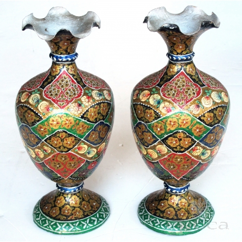 a vibrant and unusual pair of kashmiri papier mâché polychromed urns