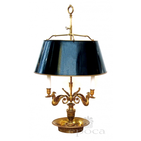 a good quality and large-scaled french empire style gilt-bronze 3-light bouillotte lamp with adjustable tole shade; stamped 'made in france'