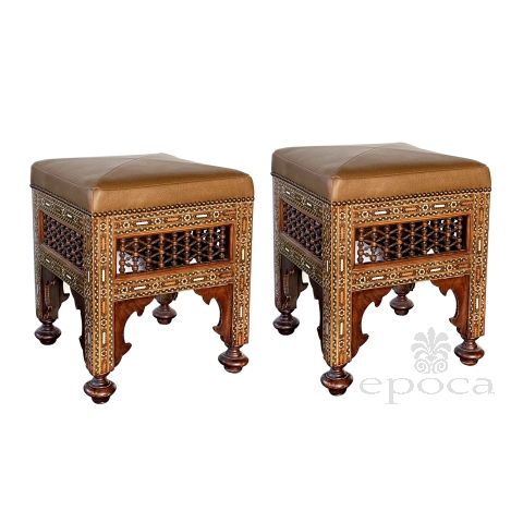 Good Pair of Moroccan Carved and Inlaid Square Upholstered Stools