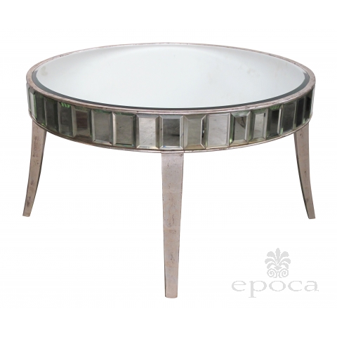 a shimmering american mid-century circular mirrored coffee/cocktail table with silver gilt wood supports