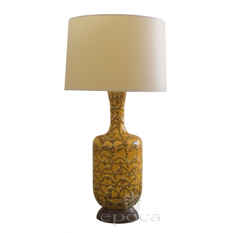a mod american 1960's mustard crater-glazed bottle-form lamp