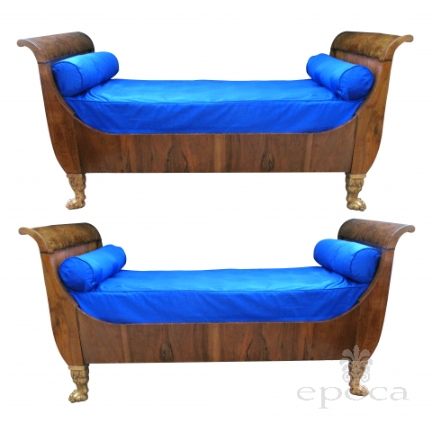 handsome and good quality pair of french empire walnut sleigh/day beds with giltwood hairy paw feet