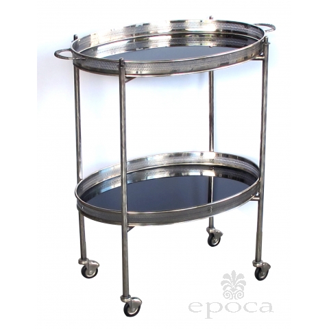 an elegant french mid-century nickel-plated oval-form drinks/bar cart with black glass trays