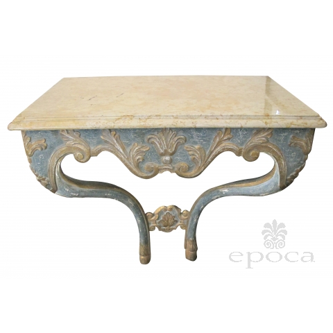 elegant custom-made italian baroque style aqua and ochre painted console table with marble top
