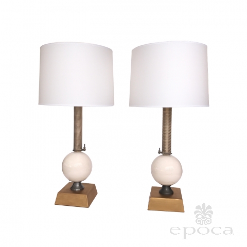 a pair of american custom-made industrial style metal and porcelain lamps