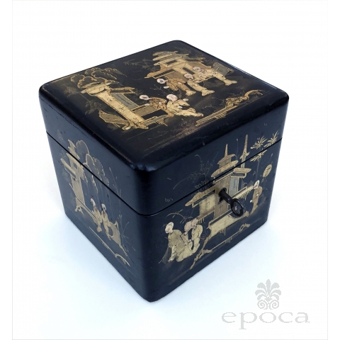 a charming english regency japanned square-form tea caddy