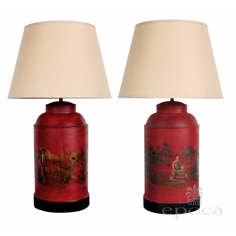  robust pair of english chinoiserie style chinese-red painted tole tea canister lamps  