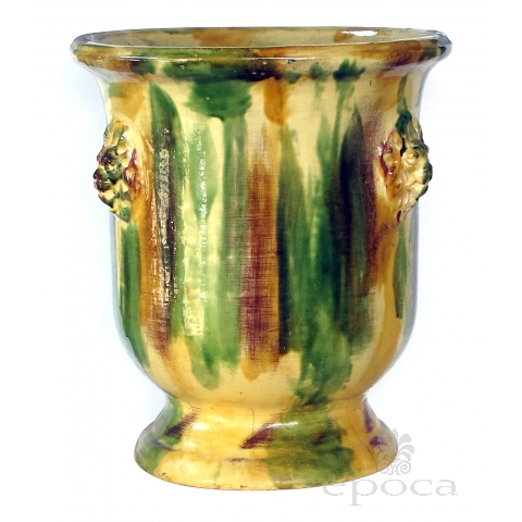 a robust french anduze style yellow, green and brown drip-glazed garden pot