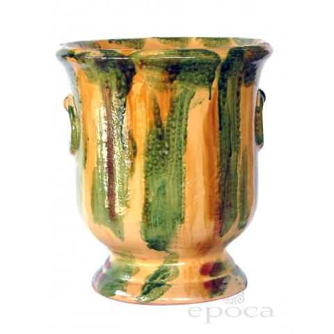 robust pair of french anduze style pottery garden pots with yellow, green and brown drip-glaze (2 available)