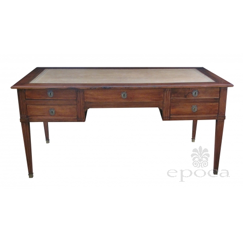 handsome and richly-colored italian neoclassical 5-drawer writing desk with hand-tolled leather top