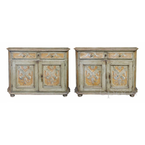 Pair Italian Baroque Polychrome Painted Credenzas