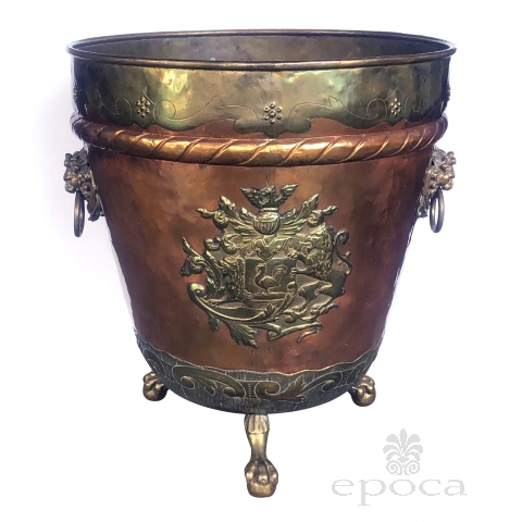 Massive English Brass and Copper Log Bin with Armorial Crests