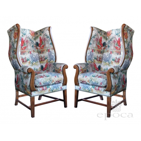 Inviting Pair of English-Country Style Wing Chairs