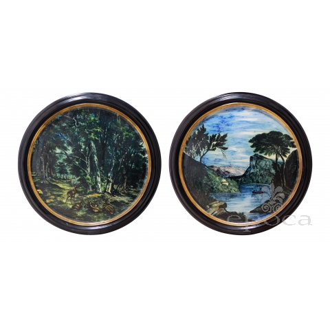 Large Pair of 19th Century Italian Glazed-Majolica Framed Plaques  