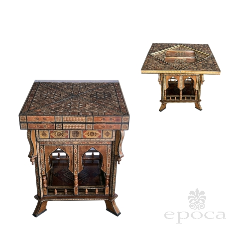  Intricately Inlaid Moorish Game Table with Pivoting Handkerchief Top