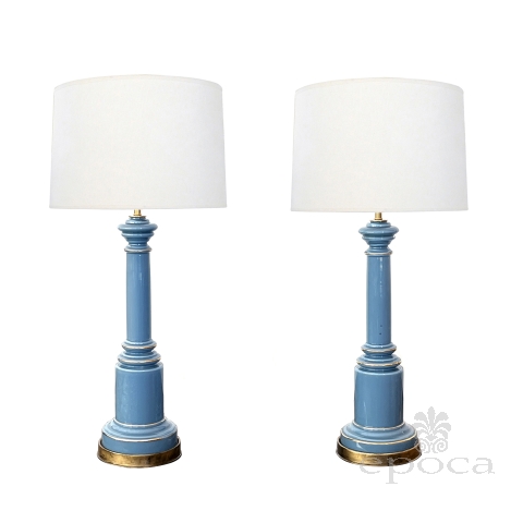 Pair of Wilmar Lamp Co. blue glass lamps with white shades, shown on white background at epoca