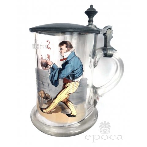 German Lidded Glass Beer Stein with a Man Bowling
