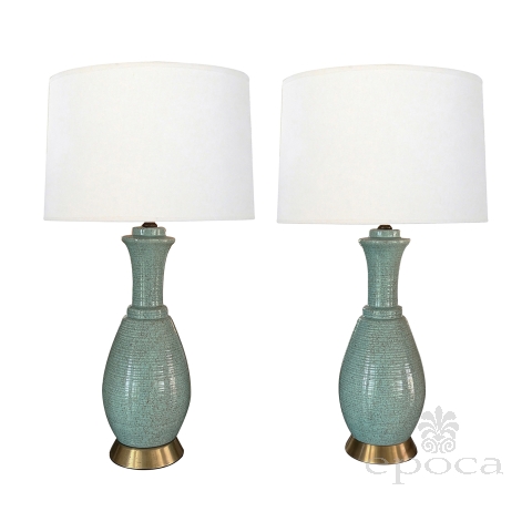 A Pair of American 1960s Hand-thrown Pottery Seafoam-Green Glazed Lamps