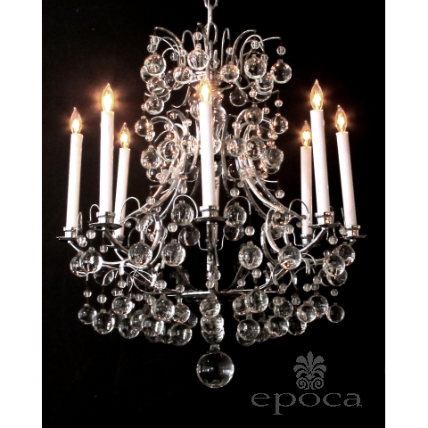  stylish french 1960's chrome basket-form 8-light chandelier with crystal spheres