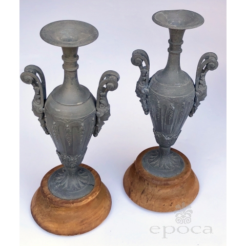  elegant pair of french neoclassical style double-handled spelter-metal urns