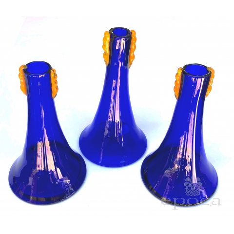 a rare set of 3 blenko 1980's cobalt glass flared vases with applied orange decoration