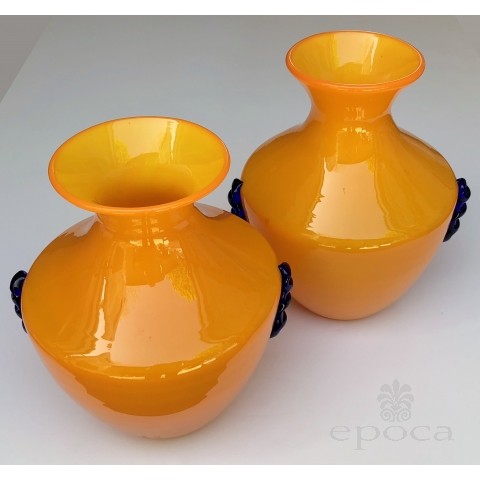a rare pair of blenko orange glass vases with applied cobalt decoration 