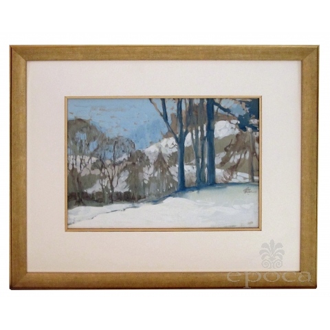 gouache on paper of an atmospheric wintry forest scene signed Robb Beebe